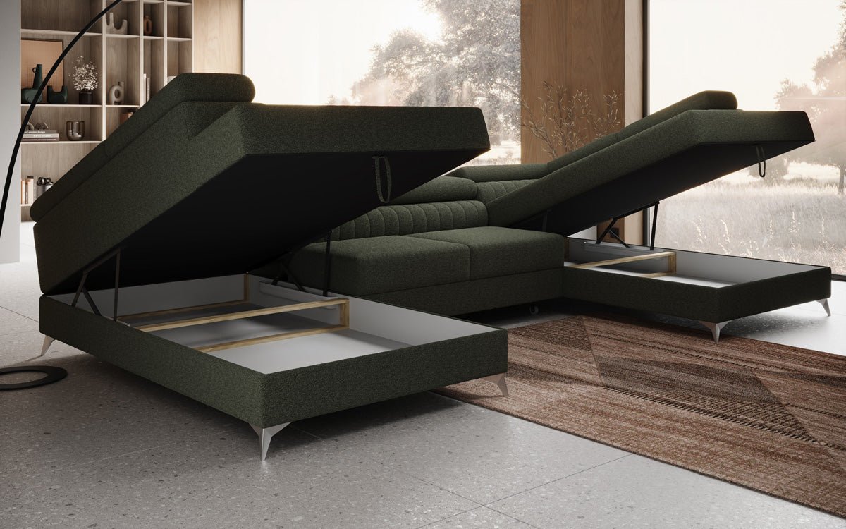 Designer Sofa Aurea U mat Schloof- an Zouschloof-Funktioun a Bouclé