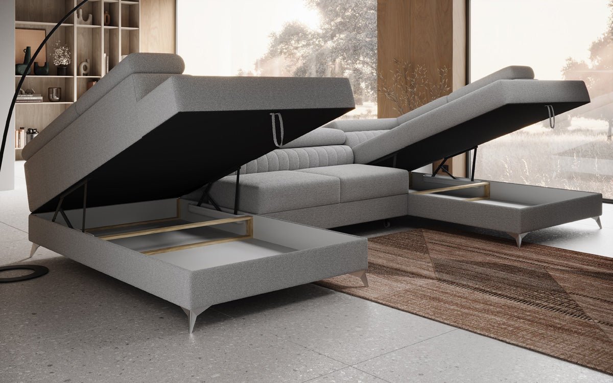 Designer Sofa Aurea U mat Schloof- an Zouschloof-Funktioun a Bouclé