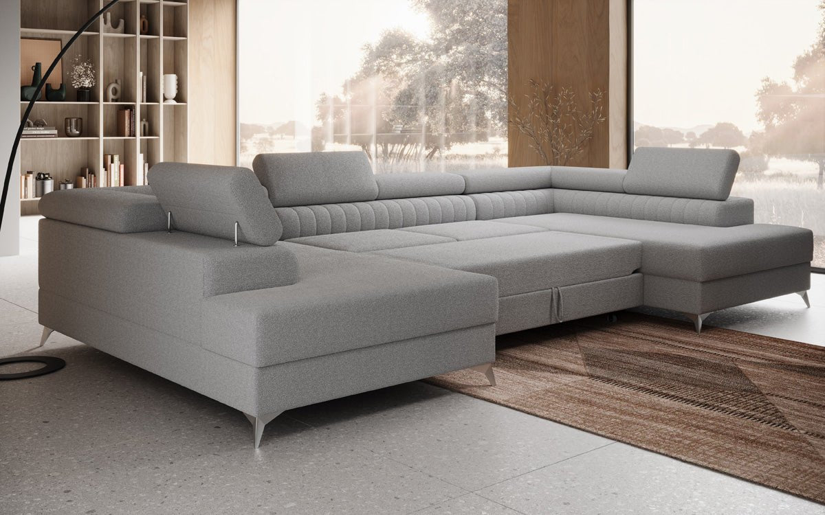Designer Sofa Aurea U mat Schloof- an Zouschloof-Funktioun a Bouclé