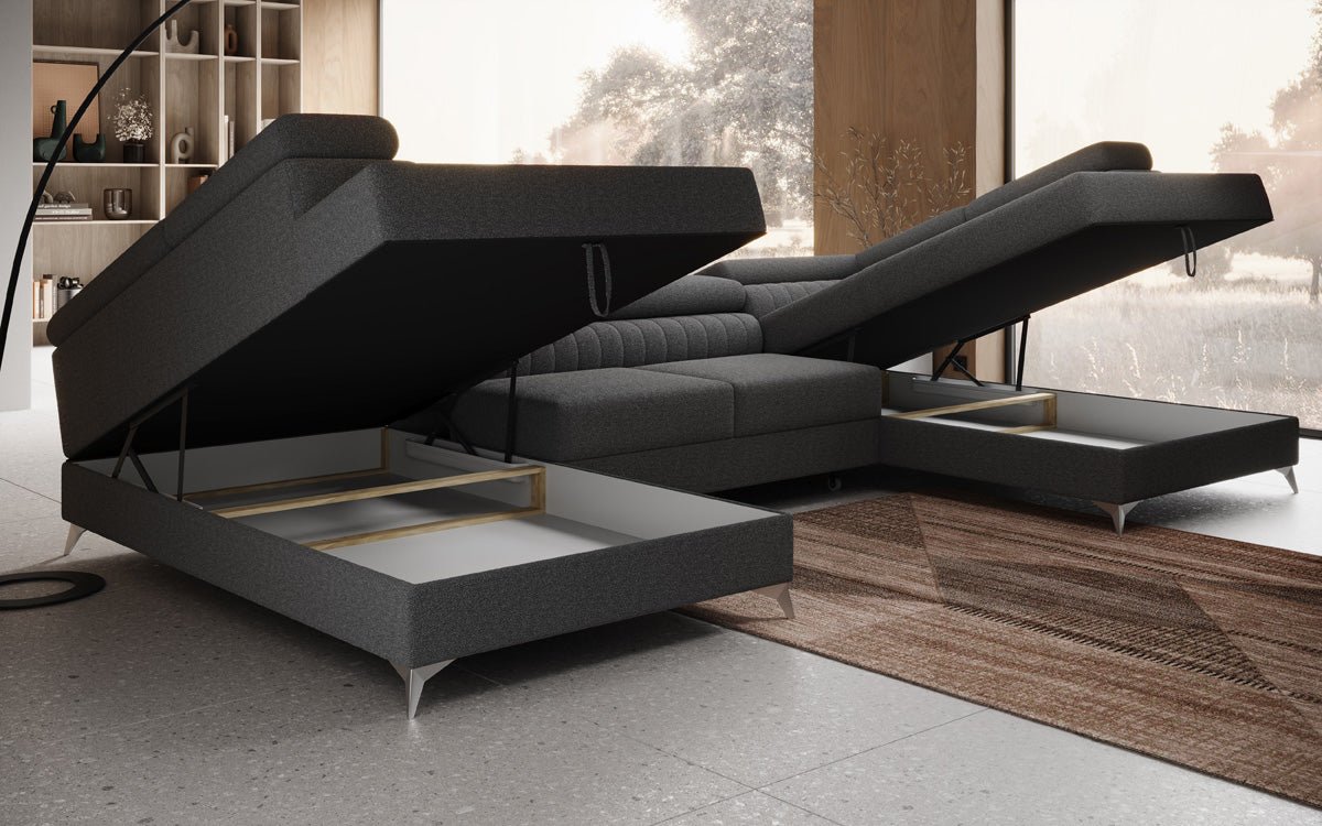 Designer Sofa Aurea U mat Schloof- an Zouschloof-Funktioun a Bouclé