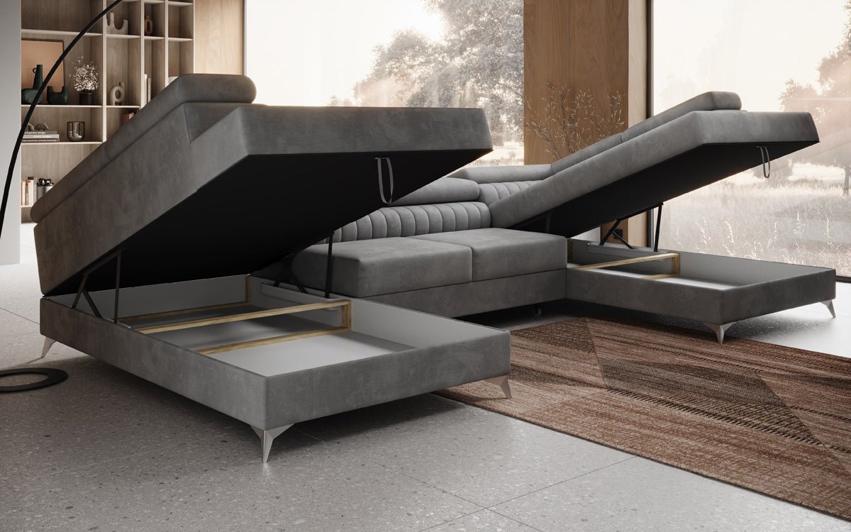 Canapé design Aurea U avec fonction lit et rabattable en velours