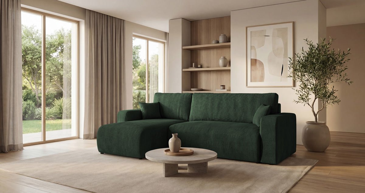 Designer Sofa Calva with Sleeper and Folding Function in Corduroy