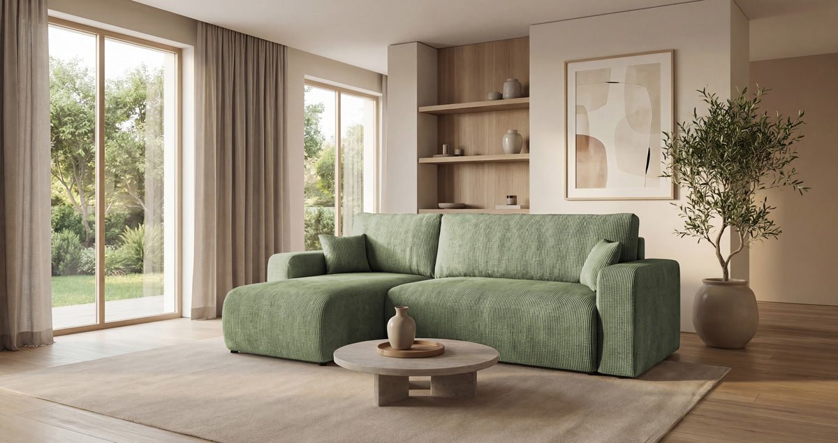 Designer Sofa Calva with Sleeper and Folding Function in Corduroy