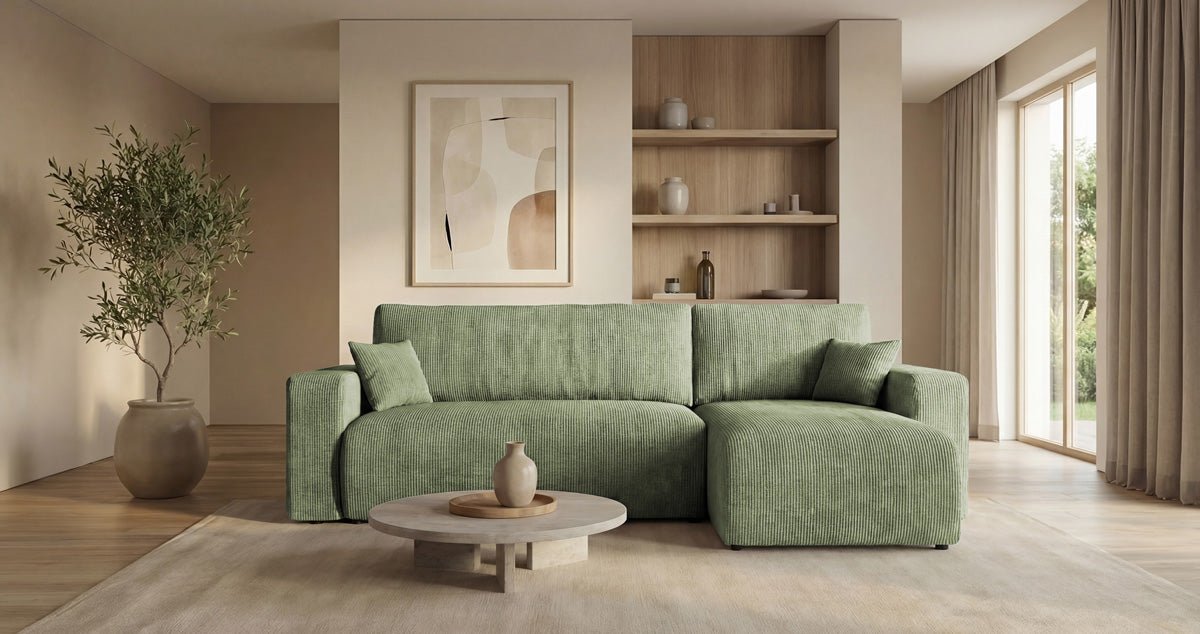 Designer Sofa Calva with Sleeper and Folding Function in Corduroy