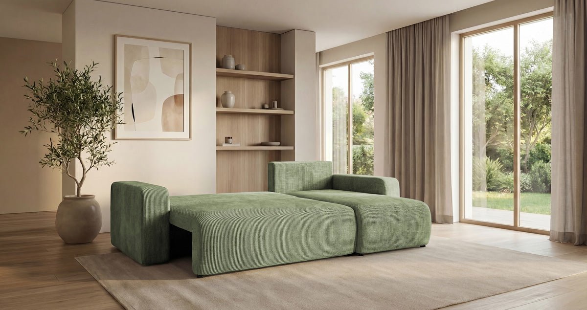 Designer Sofa Calva with Sleeper and Folding Function in Corduroy