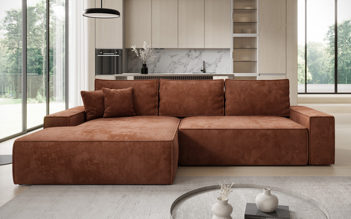 Designer-Ecksofa Verona mat breeder Ottomane mat Schlof- a Klappfunktioun an Cord
