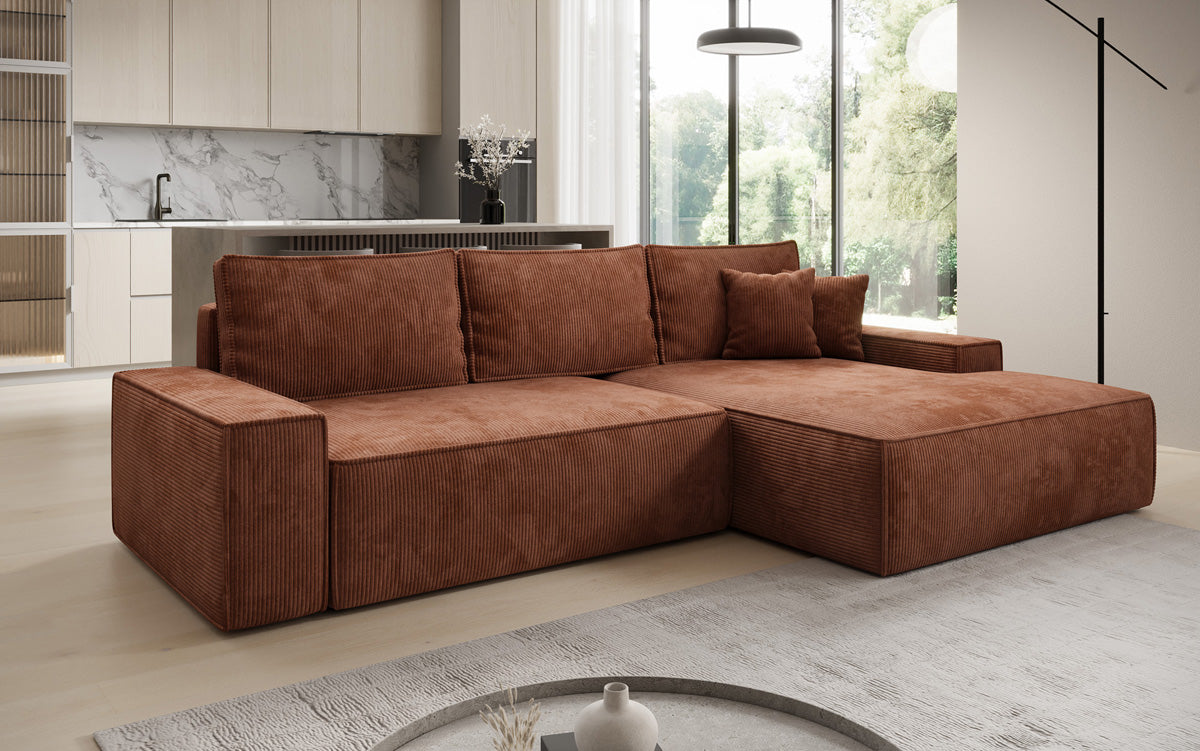 Designer-Ecksofa Verona mat breeder Ottomane mat Schlof- a Klappfunktioun an Cord