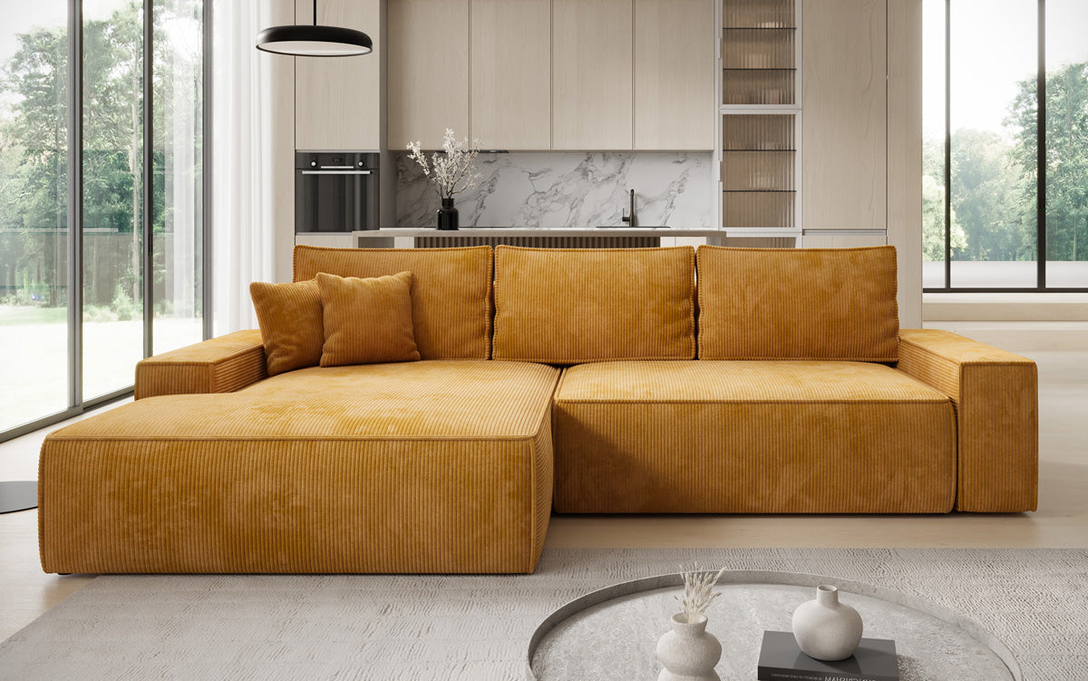 Designer-Ecksofa Verona mat breeder Ottomane mat Schlof- a Klappfunktioun an Cord