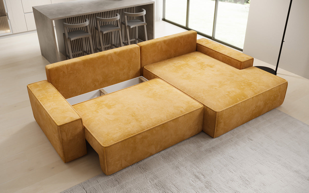 Designer-Ecksofa Verona mat breeder Ottomane mat Schlof- a Klappfunktioun an Cord