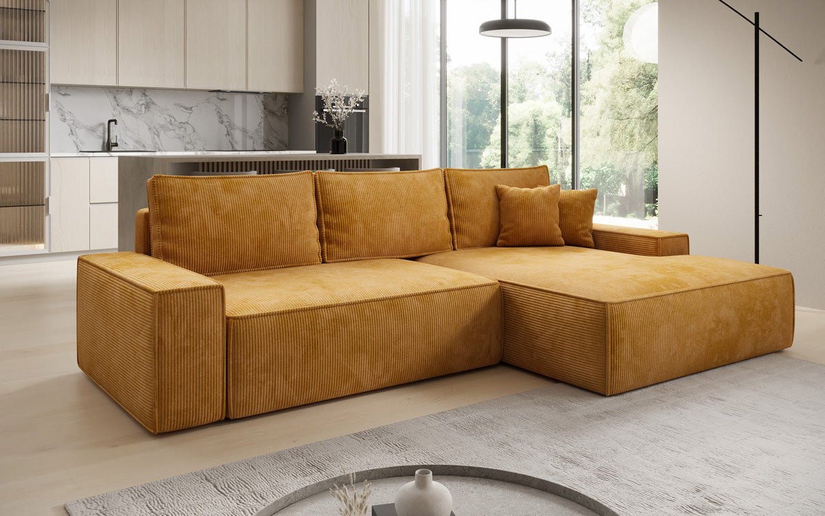Designer-Ecksofa Verona mat breeder Ottomane mat Schlof- a Klappfunktioun an Cord
