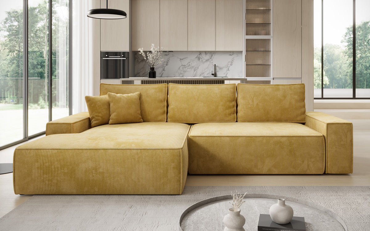 Designer-Ecksofa Verona mat breeder Ottomane mat Schlof- a Klappfunktioun an Cord