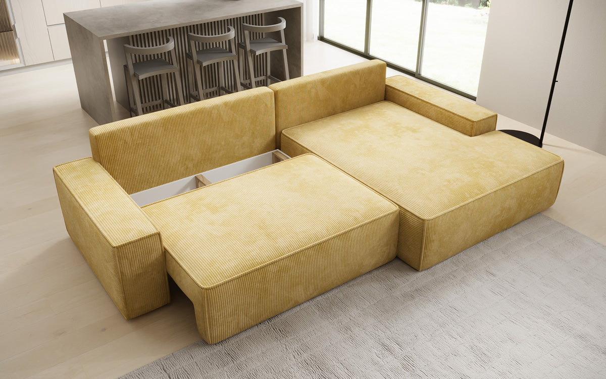 Designer-Ecksofa Verona mat breeder Ottomane mat Schlof- a Klappfunktioun an Cord