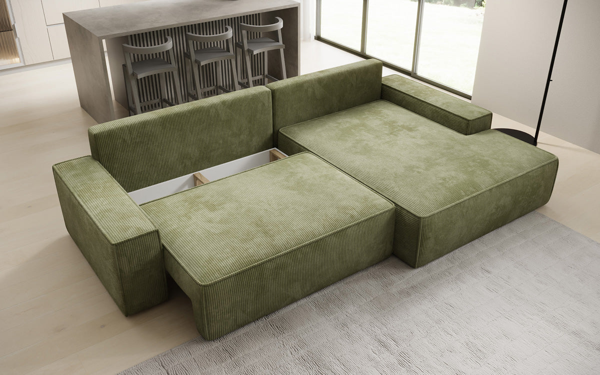 Designer-Ecksofa Verona mat breeder Ottomane mat Schlof- a Klappfunktioun an Cord