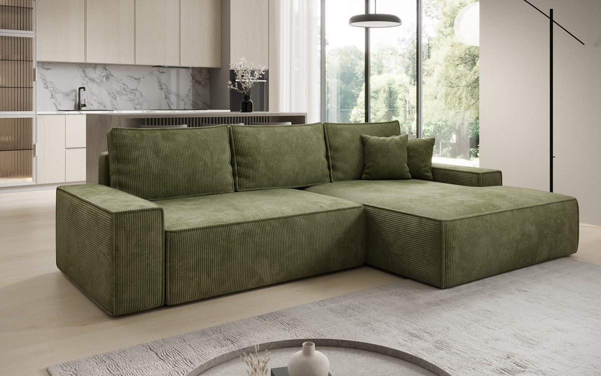 Designer-Ecksofa Verona mat breeder Ottomane mat Schlof- a Klappfunktioun an Cord