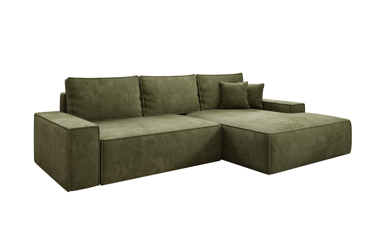 Designer-Ecksofa Verona mat breeder Ottomane mat Schlof- a Klappfunktioun an Cord
