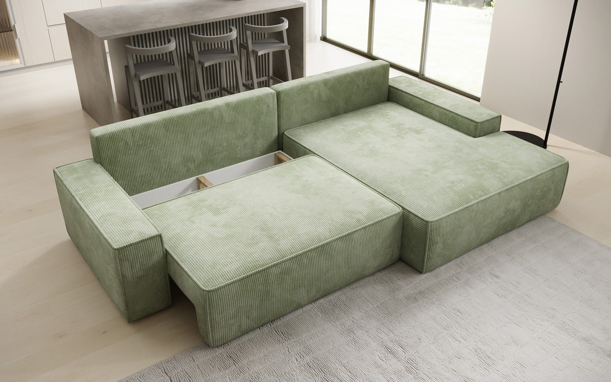 Designer-Ecksofa Verona mat breeder Ottomane mat Schlof- a Klappfunktioun an Cord