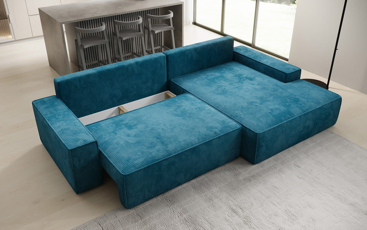 Designer-Ecksofa Verona mat breeder Ottomane mat Schlof- a Klappfunktioun an Cord
