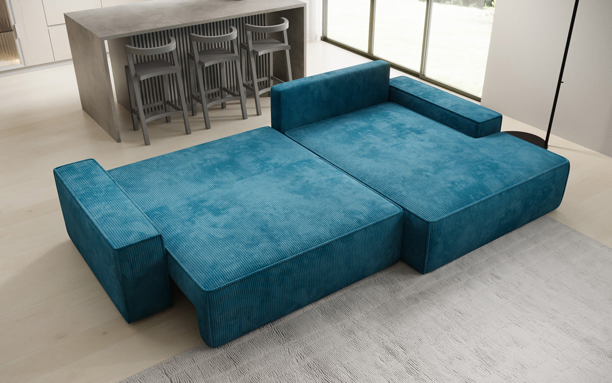 Designer-Ecksofa Verona mat breeder Ottomane mat Schlof- a Klappfunktioun an Cord