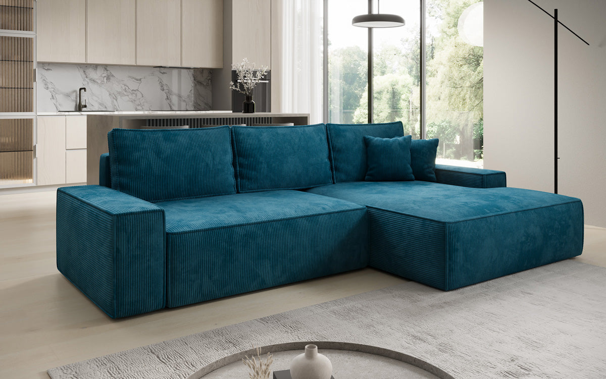 Designer-Ecksofa Verona mat breeder Ottomane mat Schlof- a Klappfunktioun an Cord