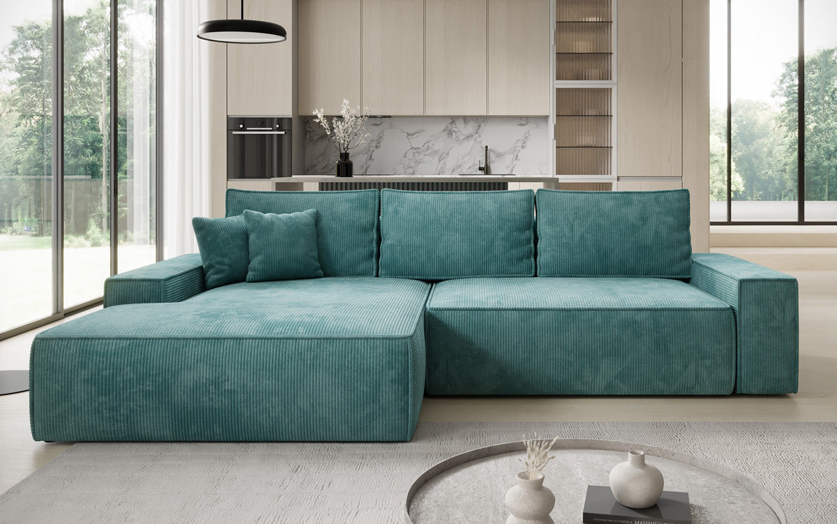 Designer-Ecksofa Verona mat breeder Ottomane mat Schlof- a Klappfunktioun an Cord