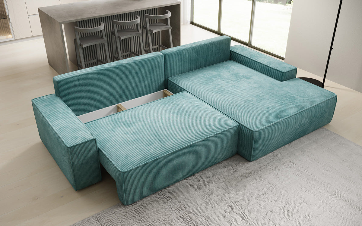 Designer-Ecksofa Verona mat breeder Ottomane mat Schlof- a Klappfunktioun an Cord