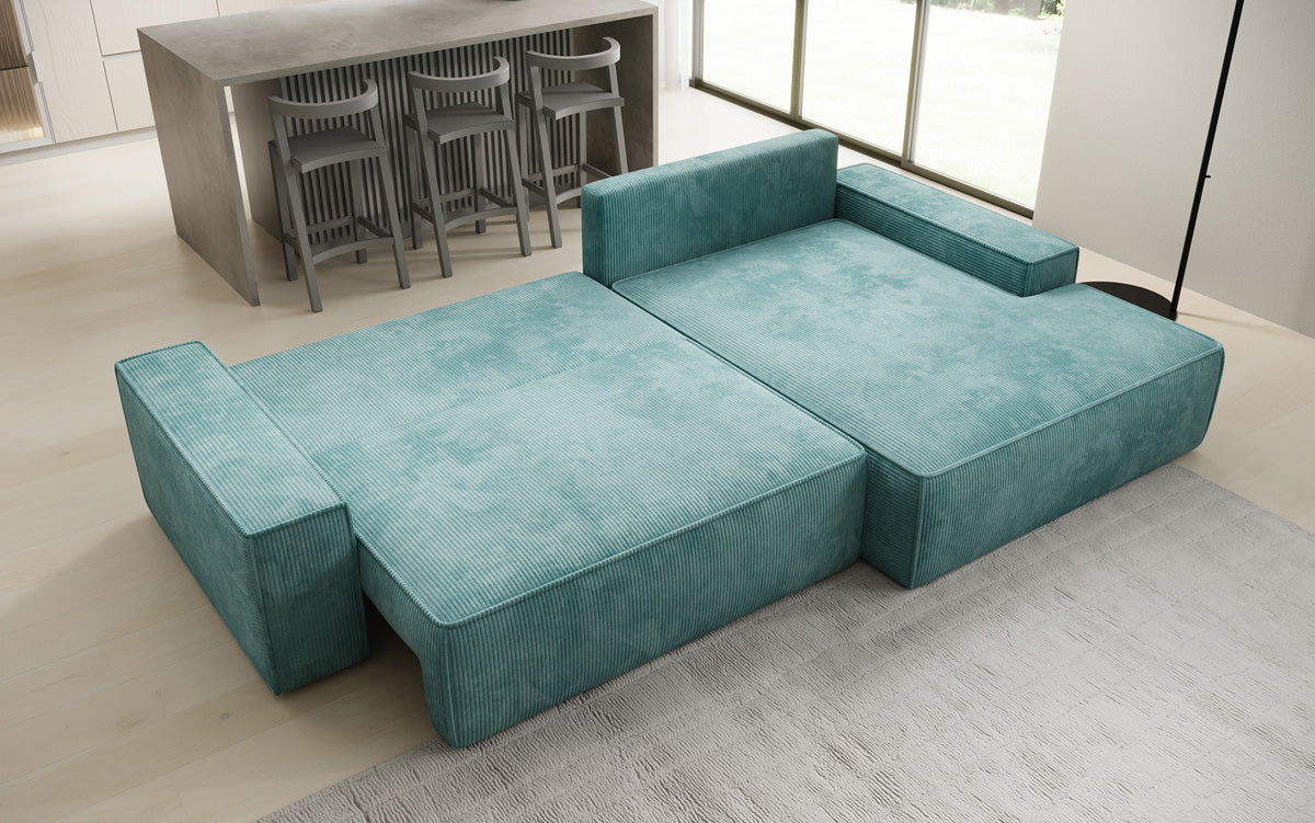 Designer-Ecksofa Verona mat breeder Ottomane mat Schlof- a Klappfunktioun an Cord