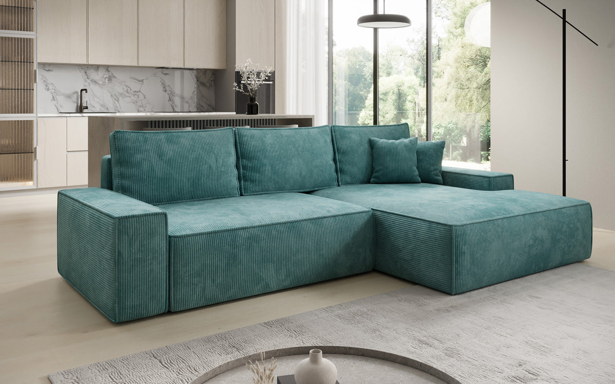 Designer-Ecksofa Verona mat breeder Ottomane mat Schlof- a Klappfunktioun an Cord