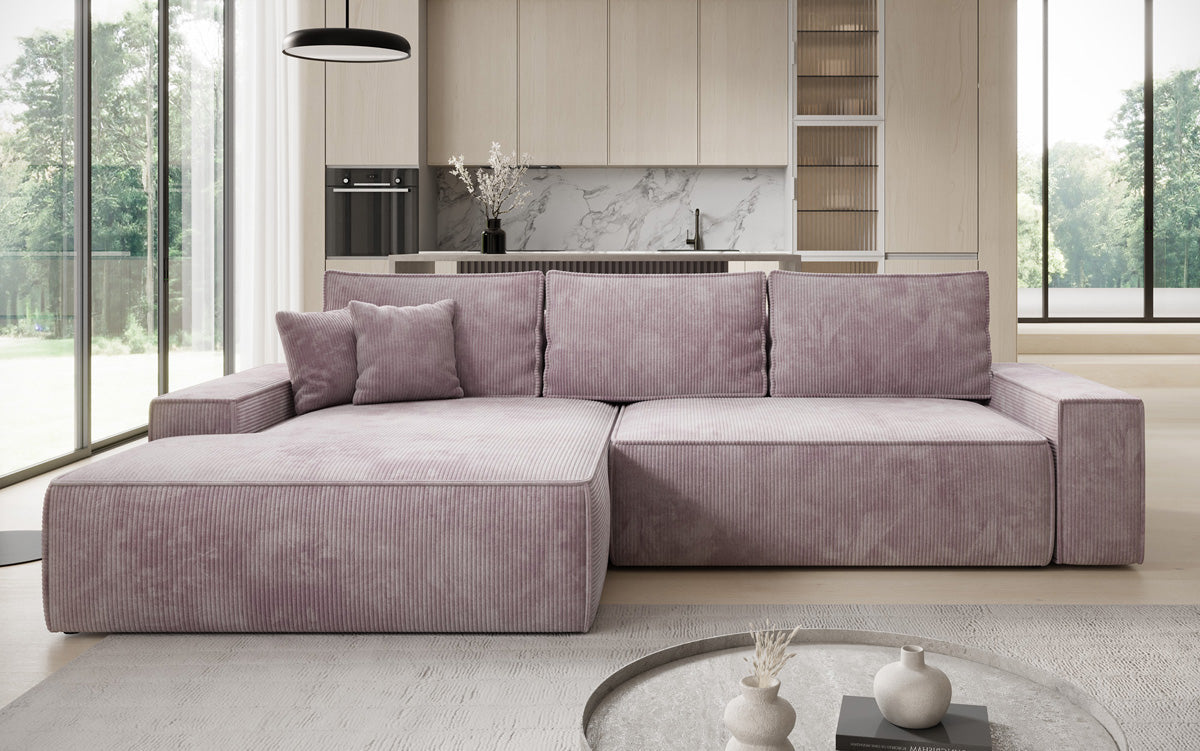 Designer-Ecksofa Verona mat breeder Ottomane mat Schlof- a Klappfunktioun an Cord