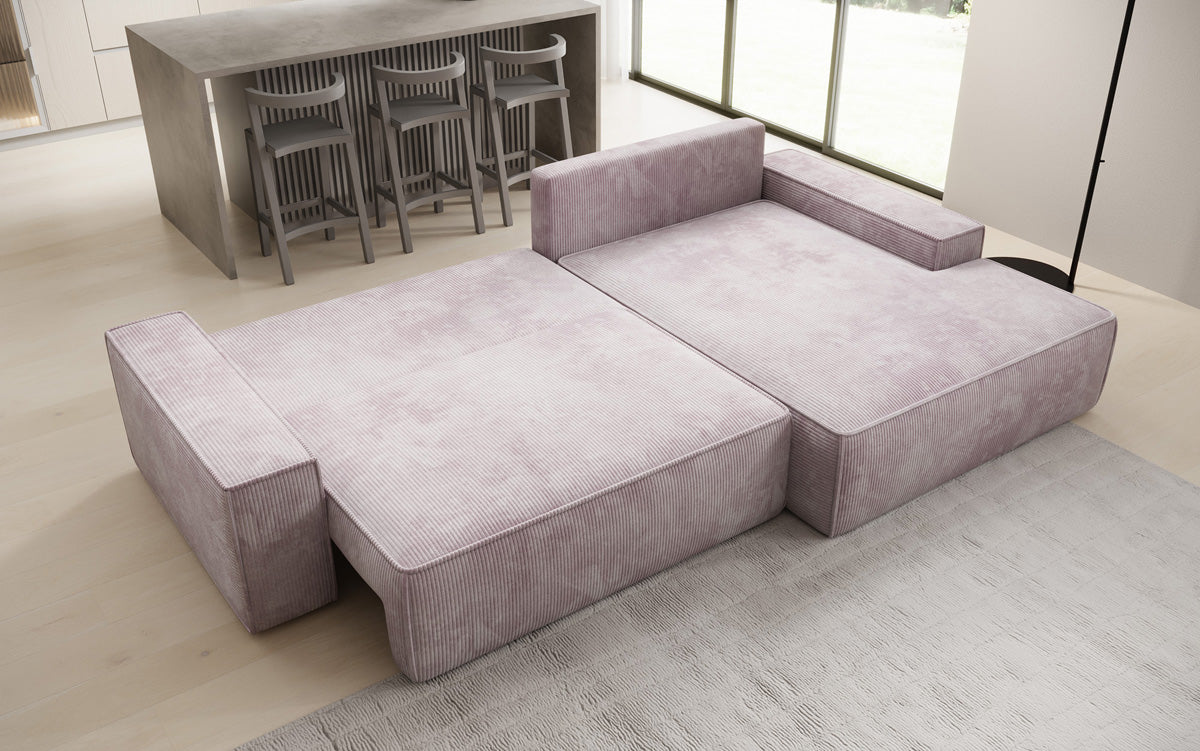 Designer-Ecksofa Verona mat breeder Ottomane mat Schlof- a Klappfunktioun an Cord