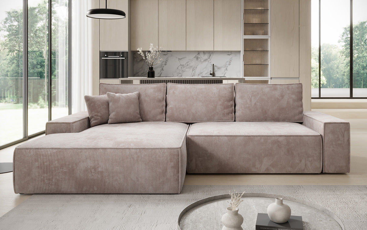 Designer-Ecksofa Verona mat breeder Ottomane mat Schlof- a Klappfunktioun an Cord