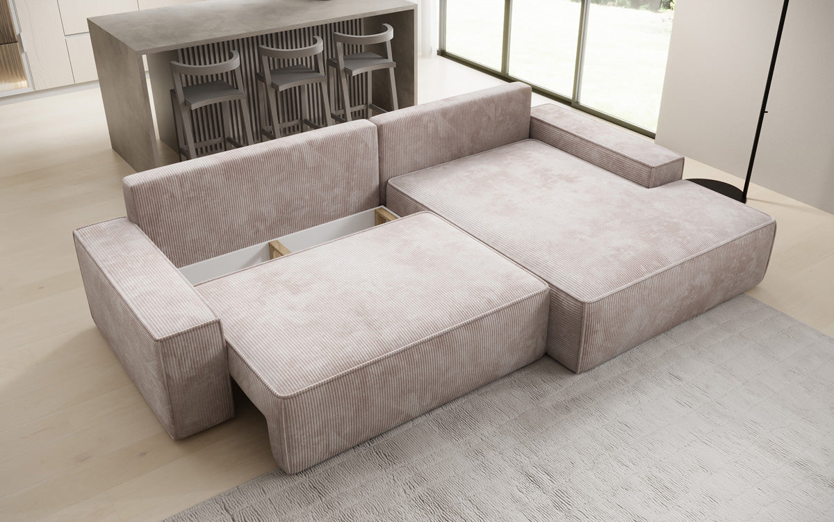 Designer-Ecksofa Verona mat breeder Ottomane mat Schlof- a Klappfunktioun an Cord