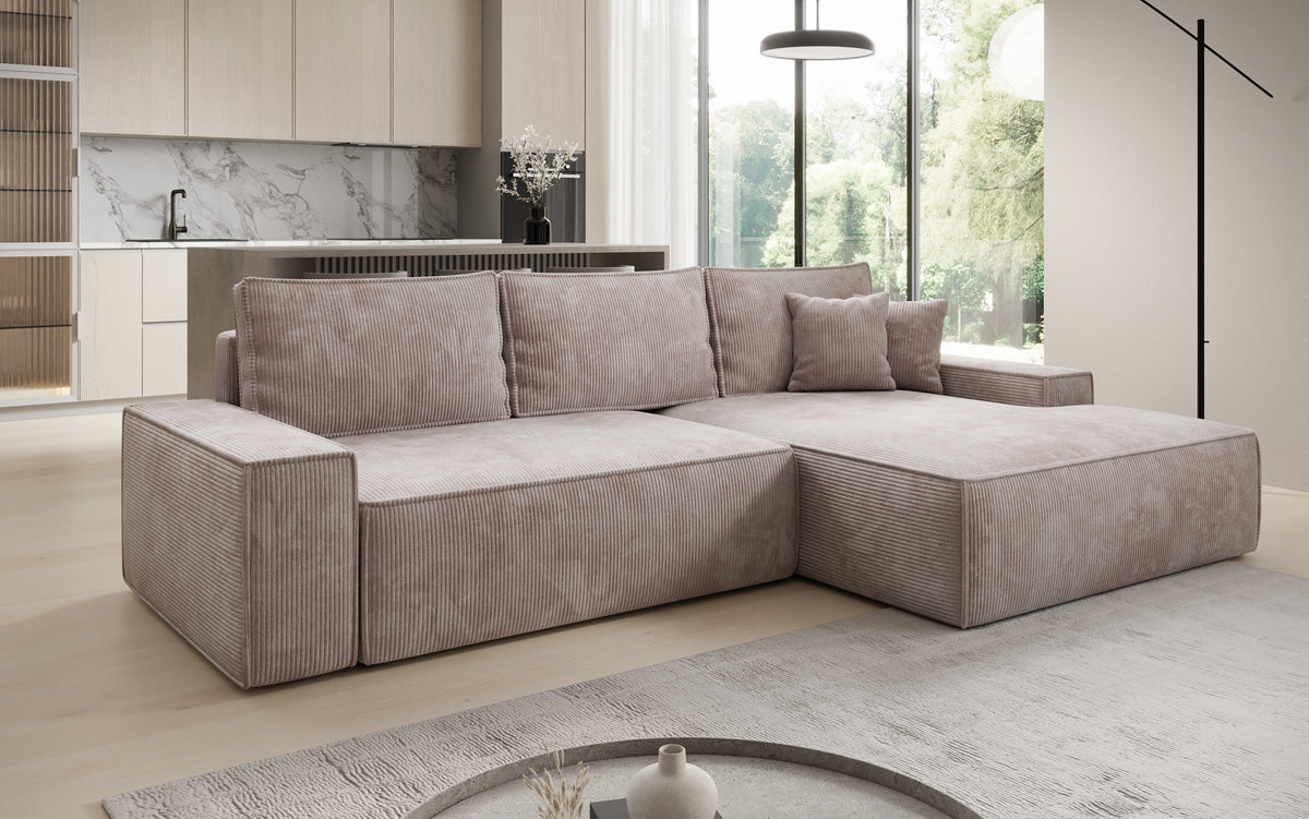 Designer-Ecksofa Verona mat breeder Ottomane mat Schlof- a Klappfunktioun an Cord