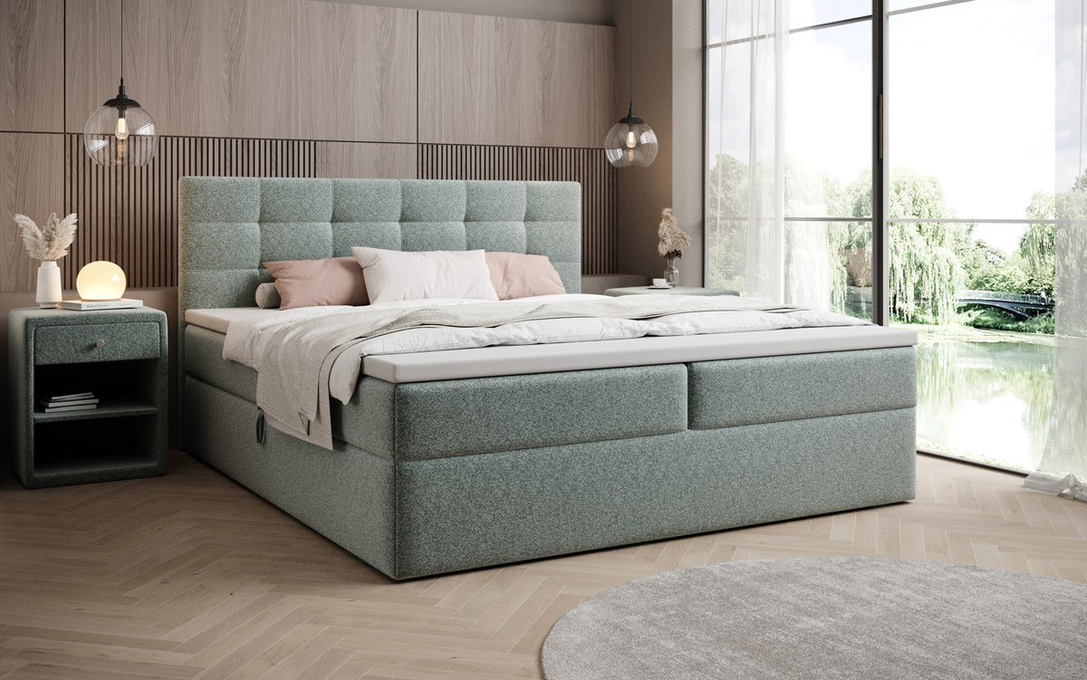 Lux box spring bed in textured fabric with storage
