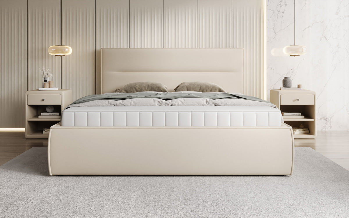Designer upholstered bed Merry in fabric with storage