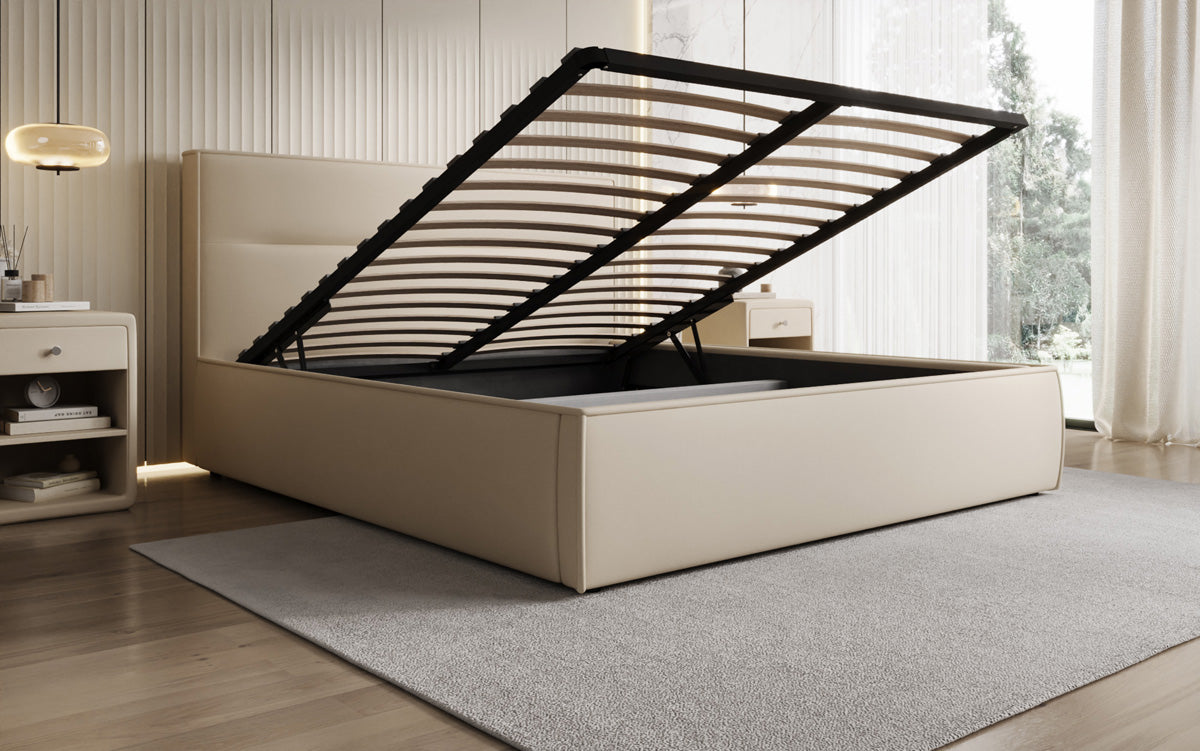 Designer upholstered bed Merry in fabric with storage
