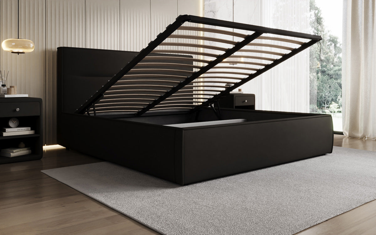 Designer upholstered bed Merry in fabric with storage