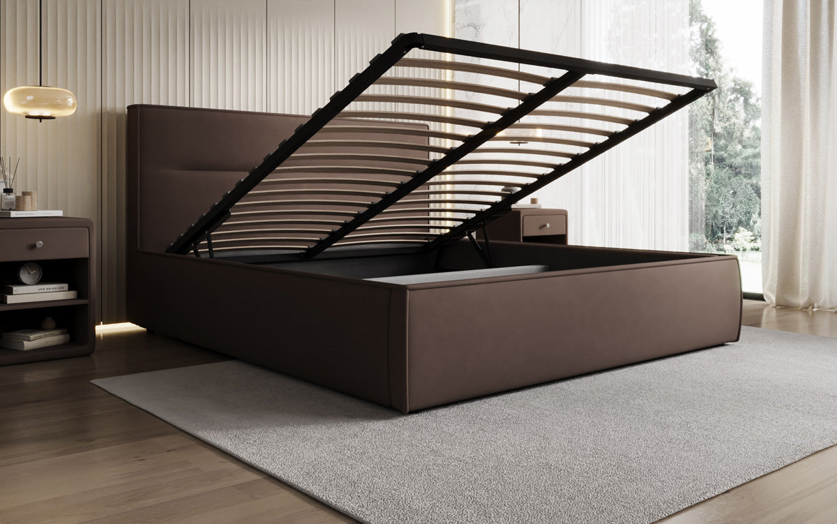 Designer upholstered bed Merry in fabric with storage