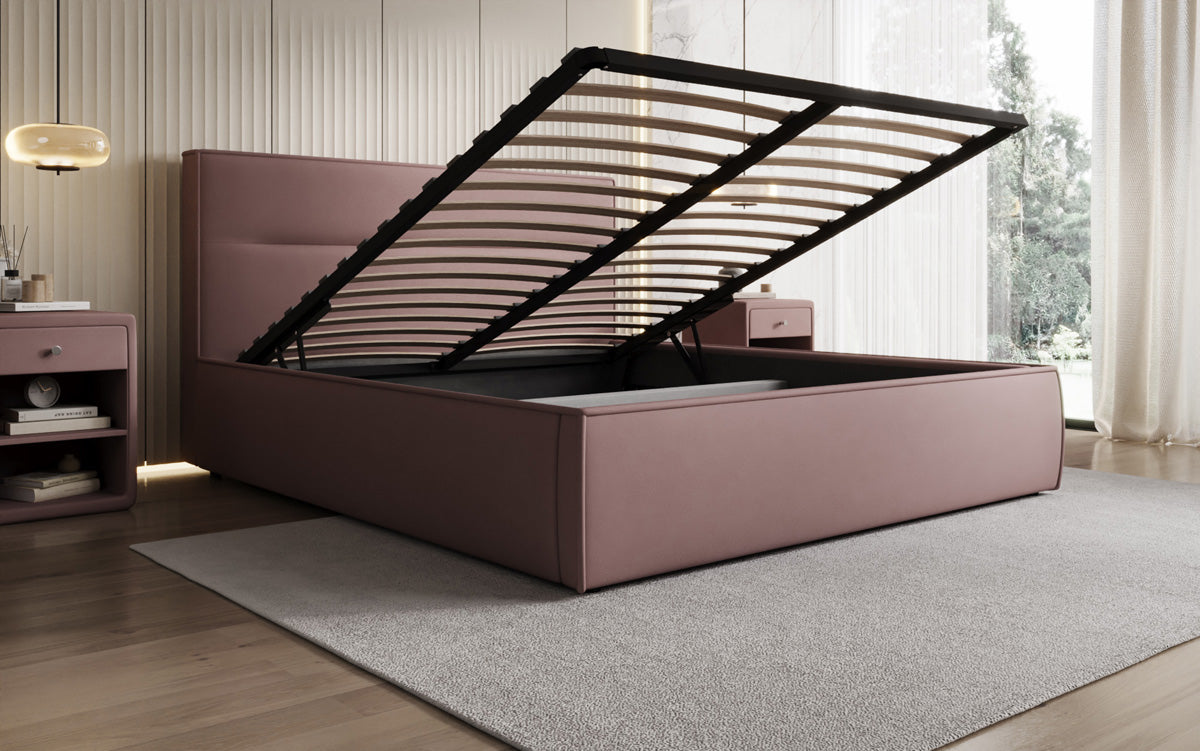 Designer upholstered bed Merry in fabric with storage