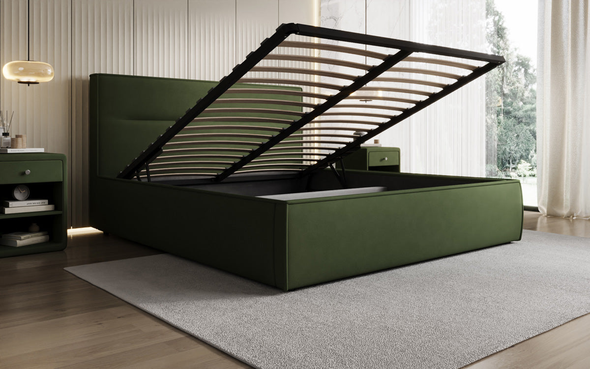 Designer upholstered bed Merry in fabric with storage