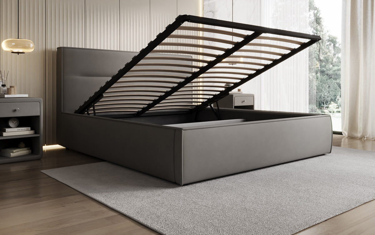 Designer upholstered bed Merry in fabric with storage