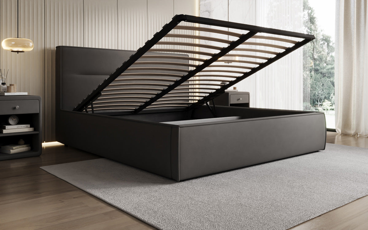 Designer upholstered bed Merry in fabric with storage