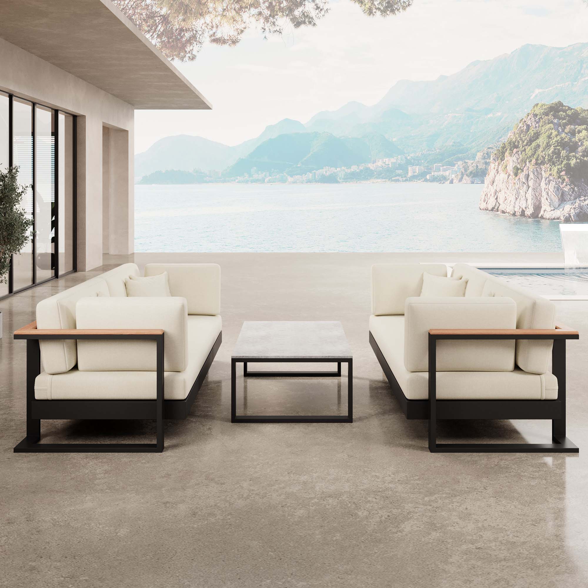 Vayla – 2 Zweisitzer & Tisch aus schwarzem Aluminium | Aevora™ Kollektion