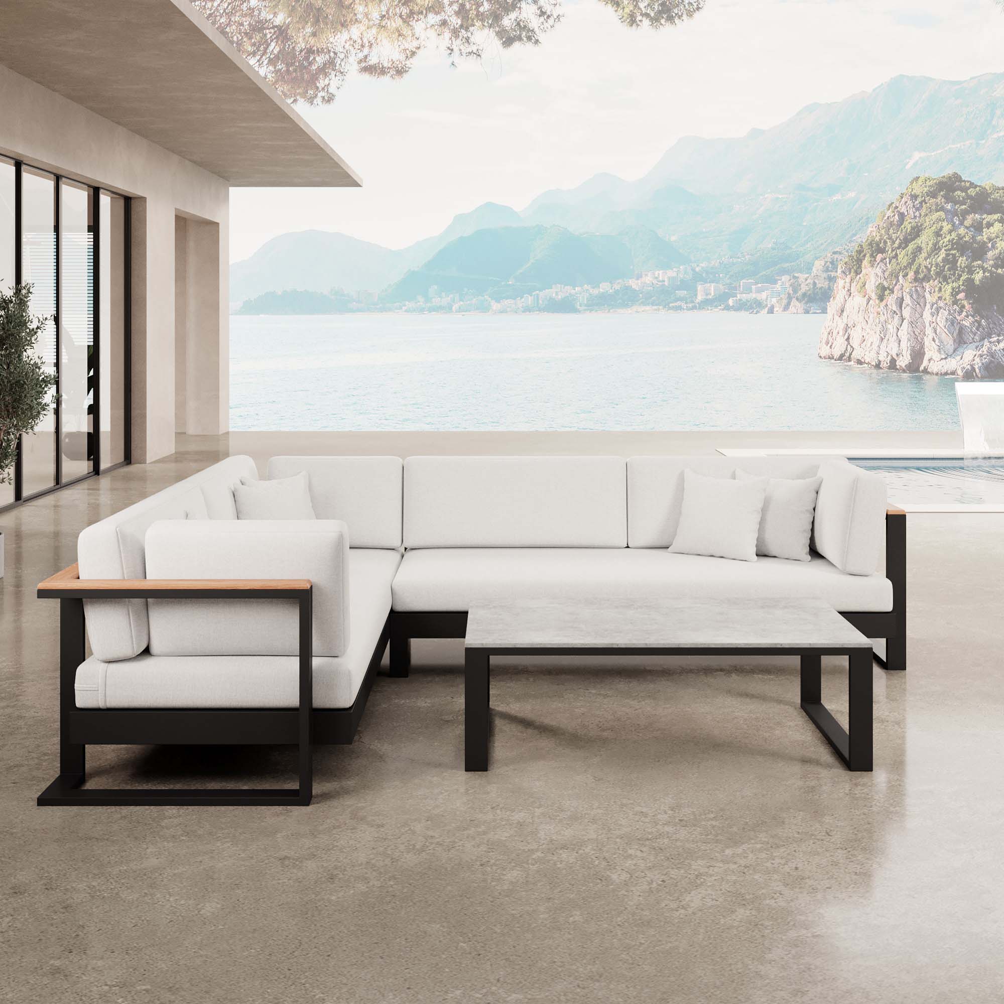 Vayla – L-Form Outdoor Sofa & Tisch in schwarzem Aluminium | Aevora™ Kollektion