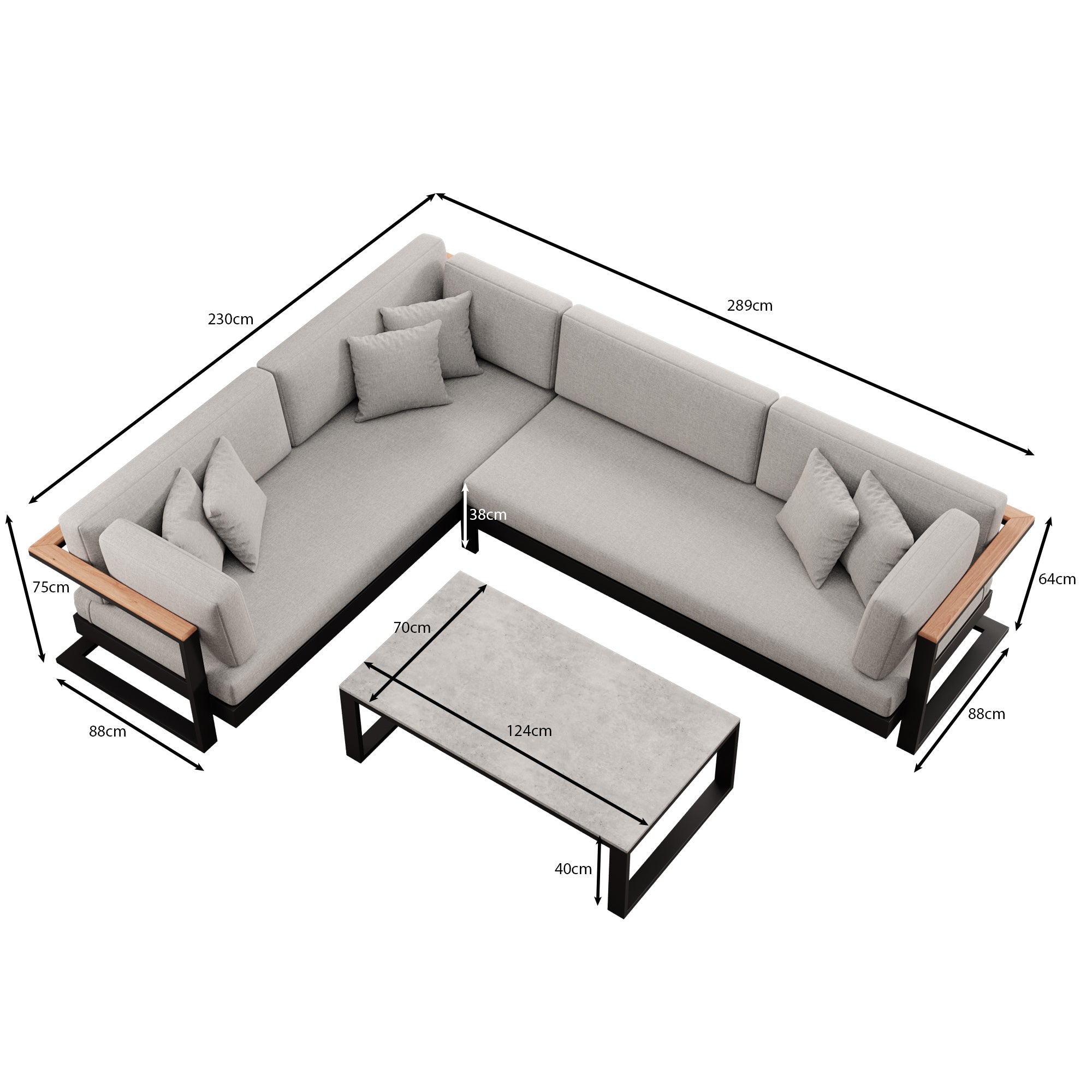 Vayla – L-Form Outdoor Sofa & Tisch in schwarzem Aluminium | Aevora™ Kollektion