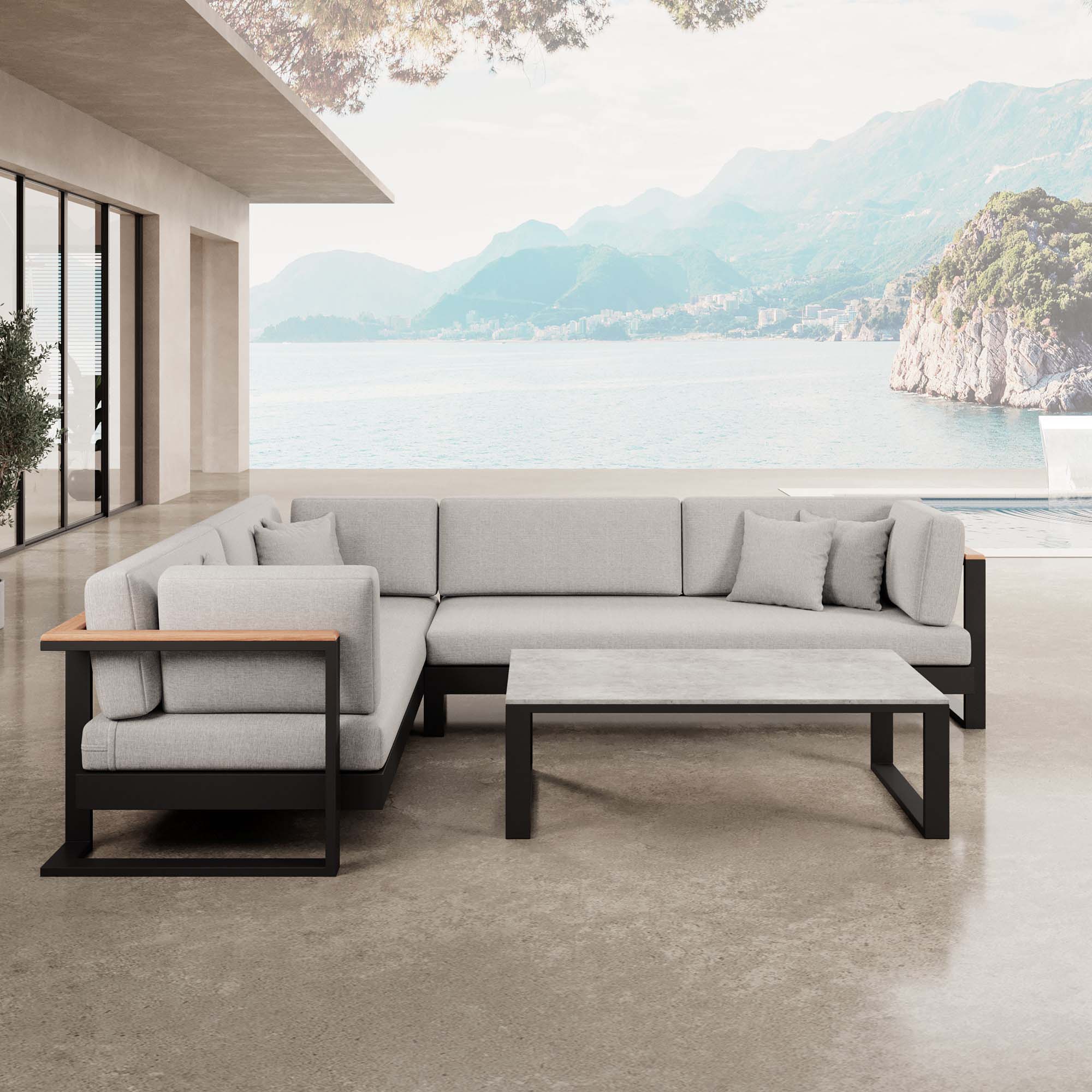 Vayla – L-Form Outdoor Sofa & Tisch in schwarzem Aluminium | Aevora™ Kollektion