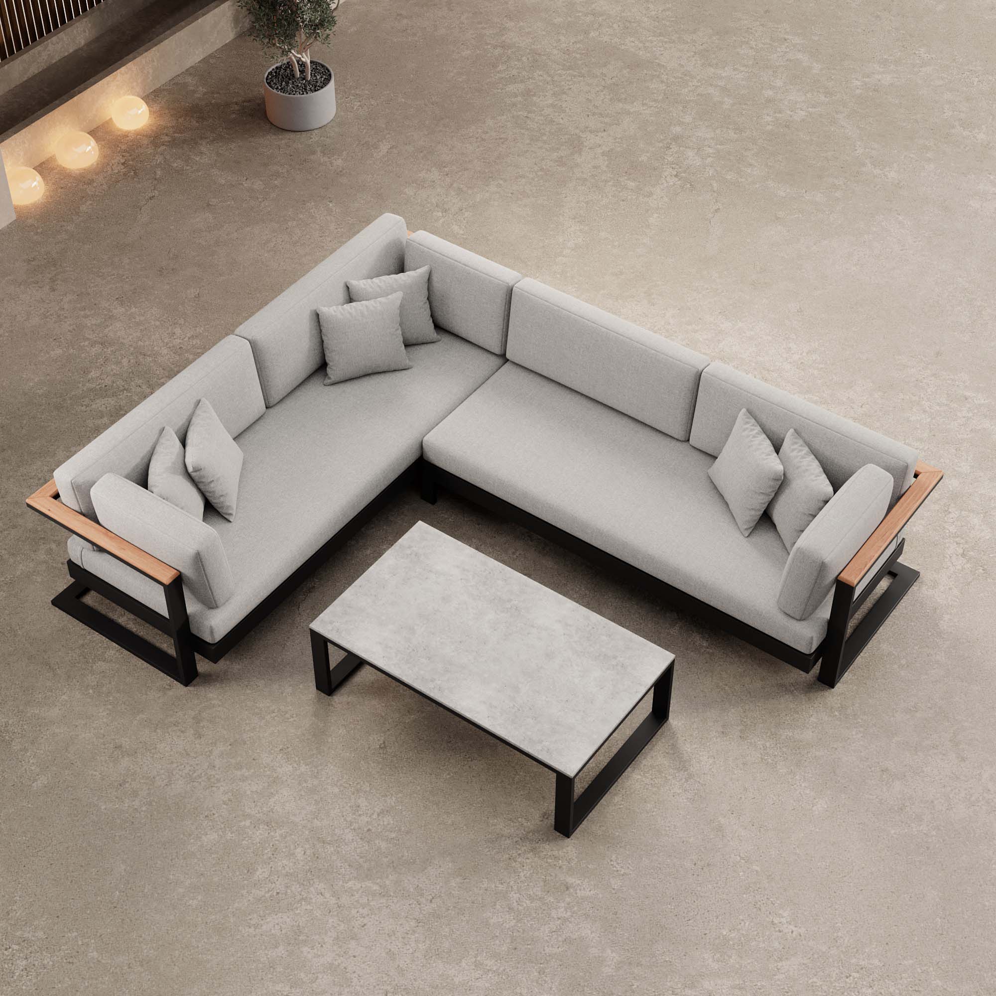 Vayla – L-Form Outdoor Sofa & Tisch in schwarzem Aluminium | Aevora™ Kollektion
