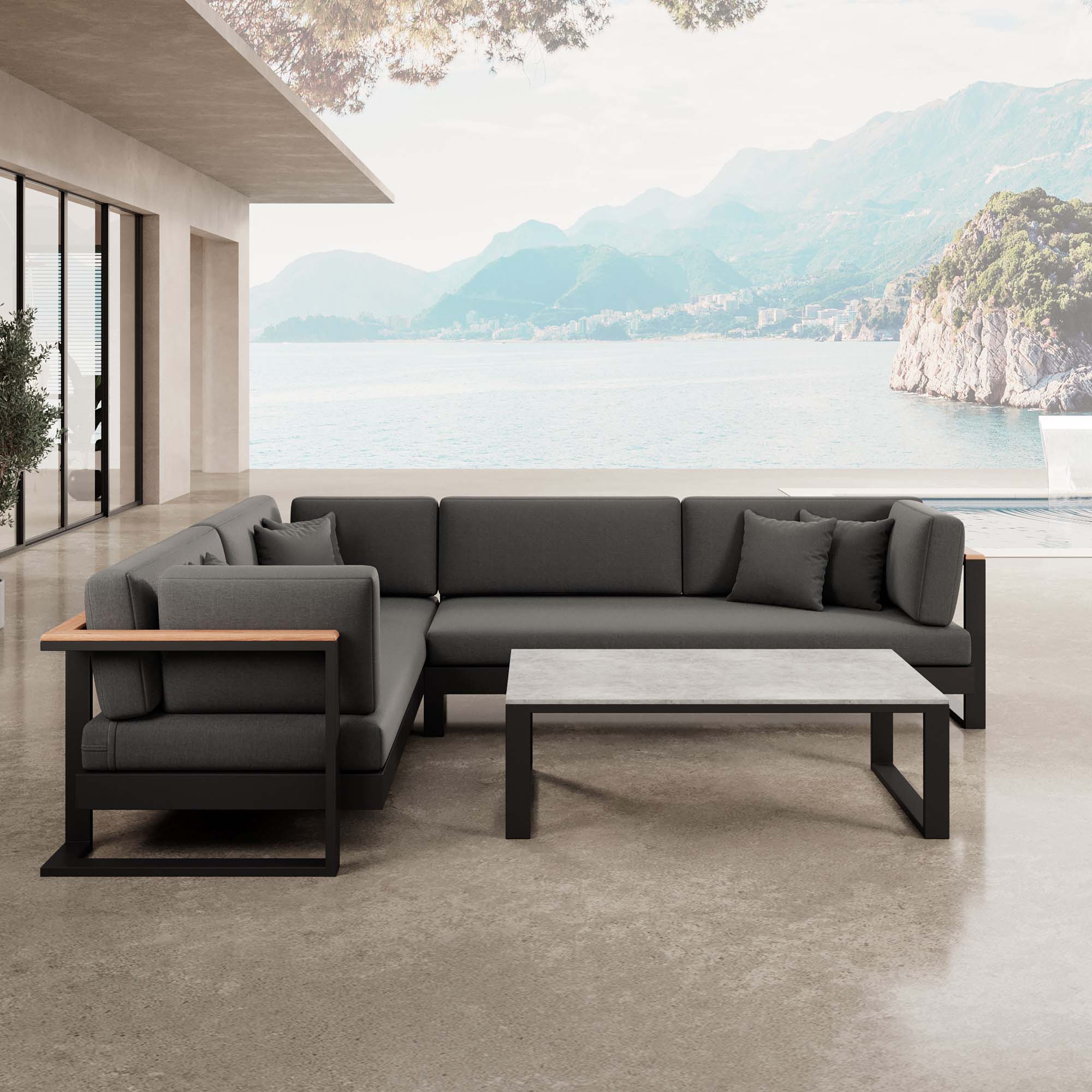 Vayla – L-Form Outdoor Sofa & Tisch in schwarzem Aluminium | Aevora™ Kollektion