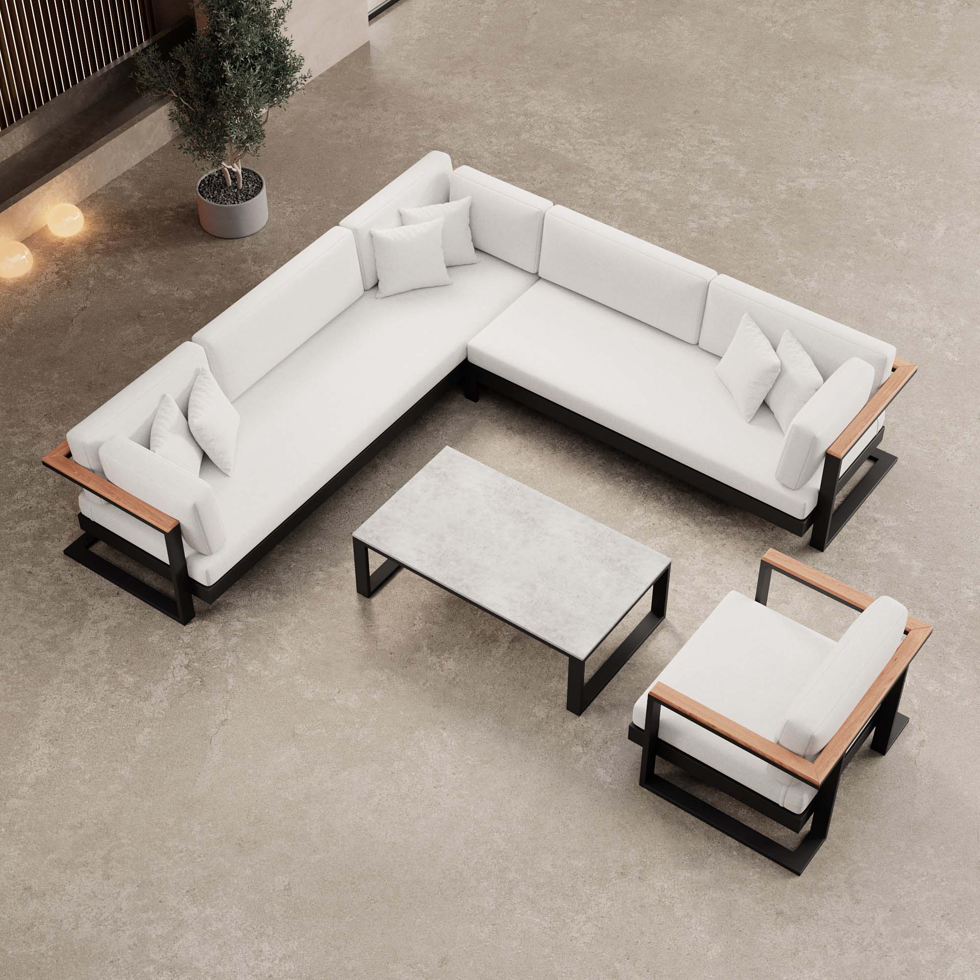 Vayla – Loungegruppe mit Ecksofa, Loungesessel & Tisch aus schwarzem Aluminium | Aevora™ Kollektion