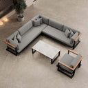 Vayla – Loungegruppe mit Ecksofa, Loungesessel & Tisch aus schwarzem Aluminium | Aevora™ Kollektion