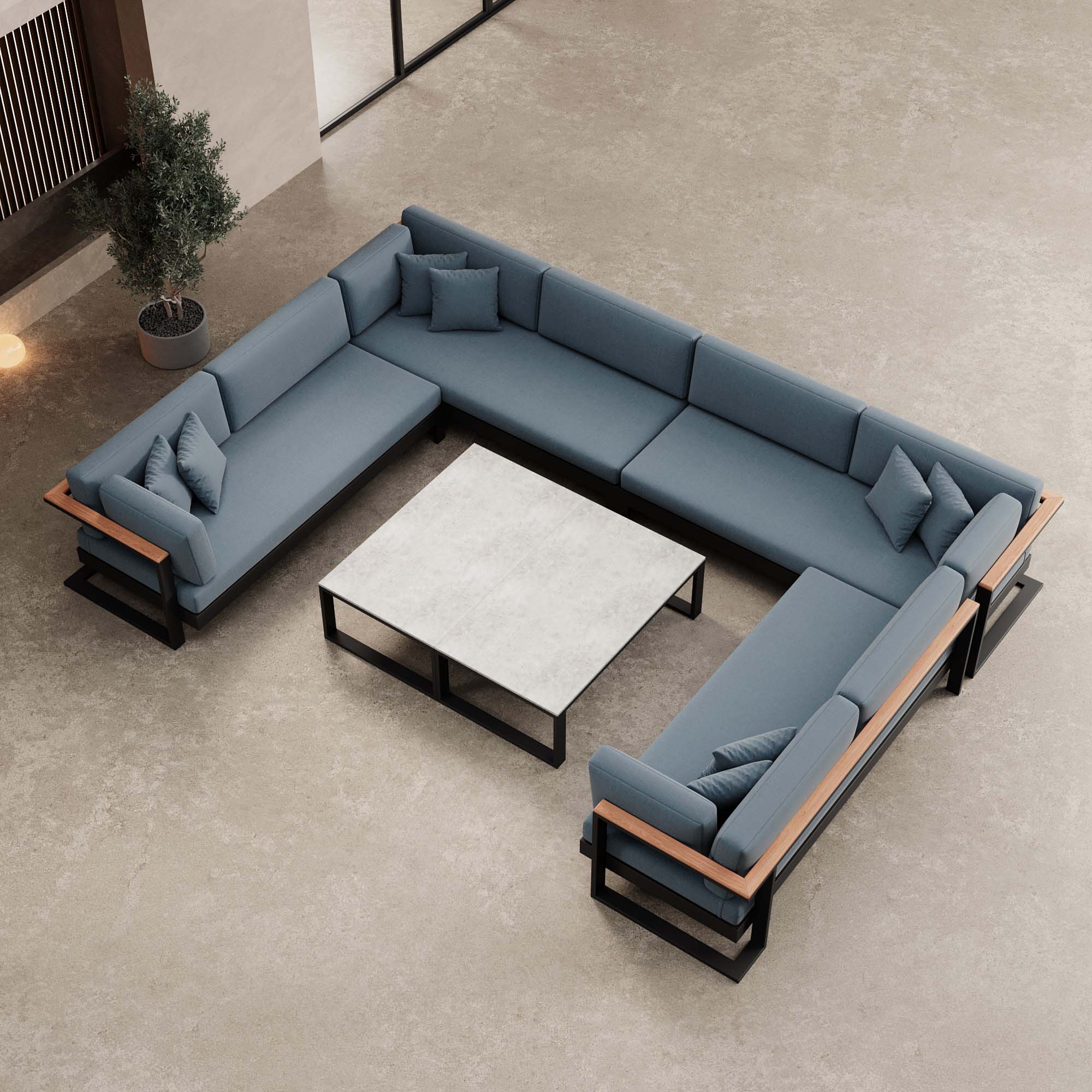 Vayla – Wohnlandschaft in U-Form mit Tisch aus schwarzem Aluminium | Aevora™ Kollektion